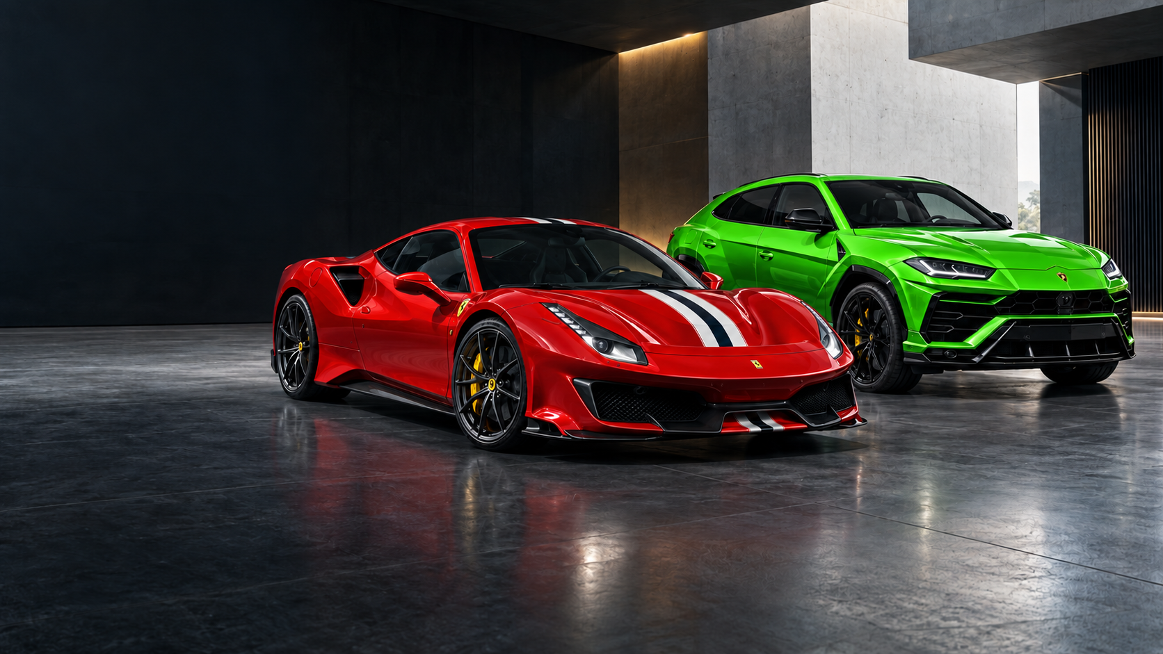 KI erstelltes Symbolbild eines roten Ferrari 488 Pista und eines leuchtend grünen Lamborghini Urus